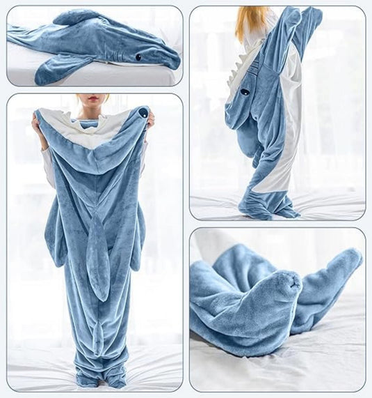 Ambitelligence Shark Blanket Hoodie Onesie For Adults And Kids, Cozy Flannel Shark Costume Shark Sleeping Bag - blue-SuperStar Bedding