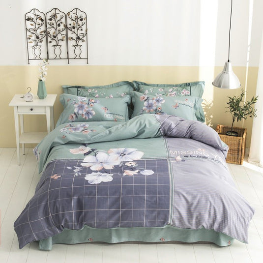 Floral four-piece cotton bedding - green- SuperStar Bedding