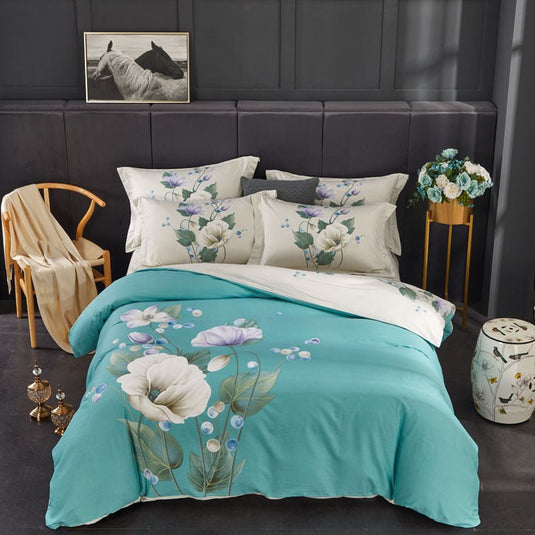 Floral four-piece cotton bedding - blue- SuperStar Bedding