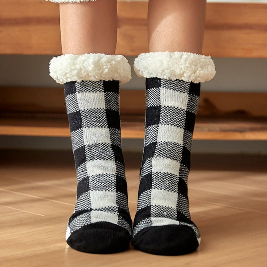 Ladies Carpet Socks Home Warmth And Velvet Sleep -bed sleep-black and white check- SuperStar Bedding